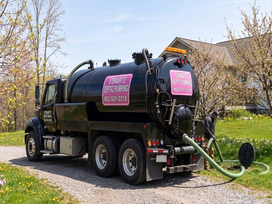 Stewart's septic pump truck with hose connected to a septic tank beside a rural home